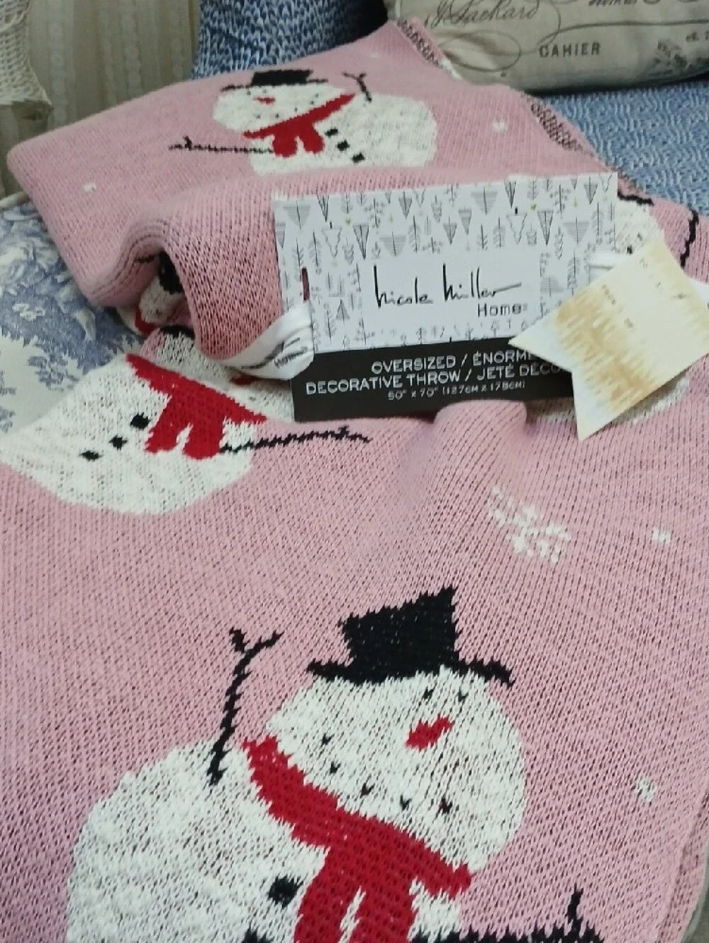 Nicole Miller Home NEW Pink Decorative Snowman COTTON Throw 50x70